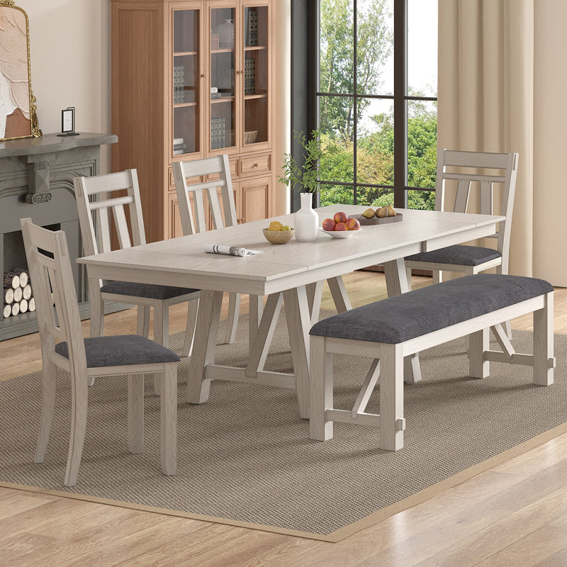 Ensemble de table de salle à manger extensible 7 pièces Ecker 71 "à 90" en bois massif avec rallonge et 6 chaises rembourrées Ecker