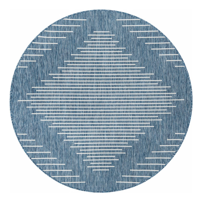 Geometric Machine Woven Polypropylene Indoor / Outdoor Area Rug in Gray/Blue, Round 6'1"