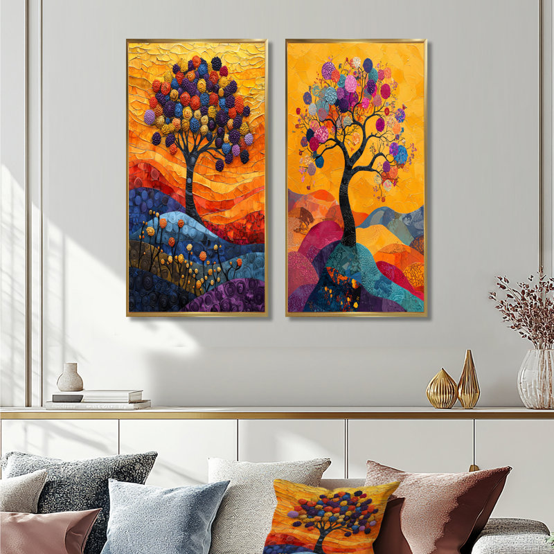 Ensemble de 2 œuvres d'art sur toile orange, branches de folklore orange Tree of Life III, H 28 po x l 24 po