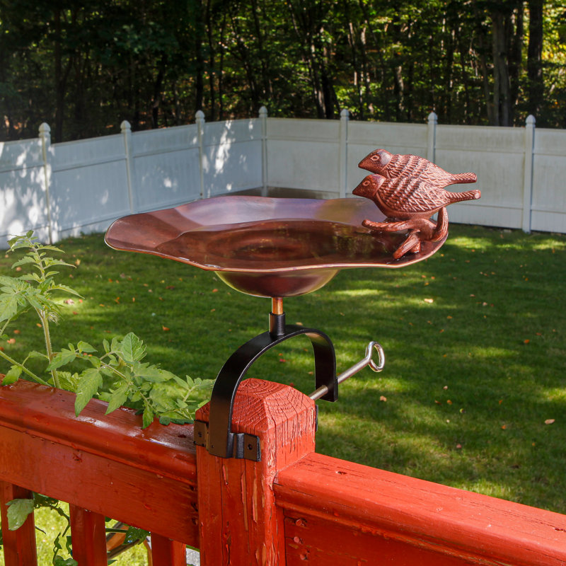 Antique Copper Birdbath with Sculpted Songbirds and Railing Bracket