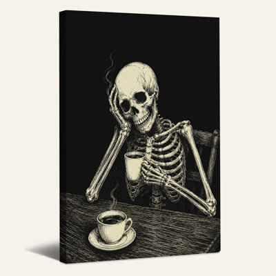 Squelette buvant un café à la table, croquis d'Halloween, art mural sur toile