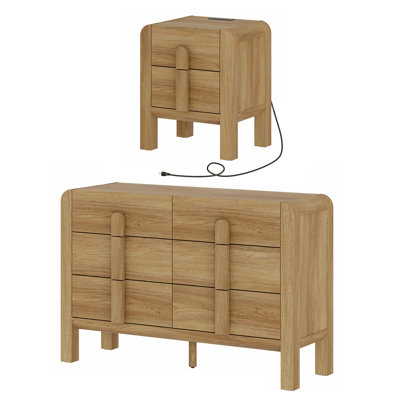 Mid-Century Modern 6 Drawer Dresser And Nightstand Set For Bedroom, 2 Pcs Bedroom Set，Double Dresser With Curved Profile Design, Wood Chest Of Drawers Storage Cabinet Set