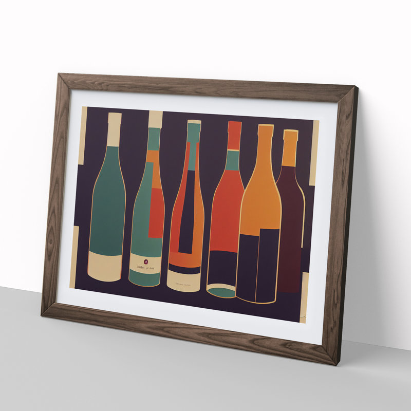 Retro Wine Bottle Vol.4 - Single Picture Frame Painting, 46cm H x 64cm W x 2cm D, Walnut Framed