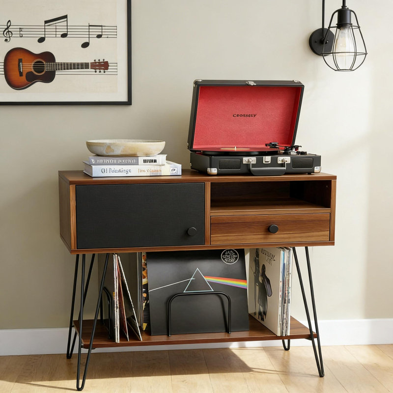 Mid Century Modern Record Player Stand With Vinyl Storage For 200 Albums Console