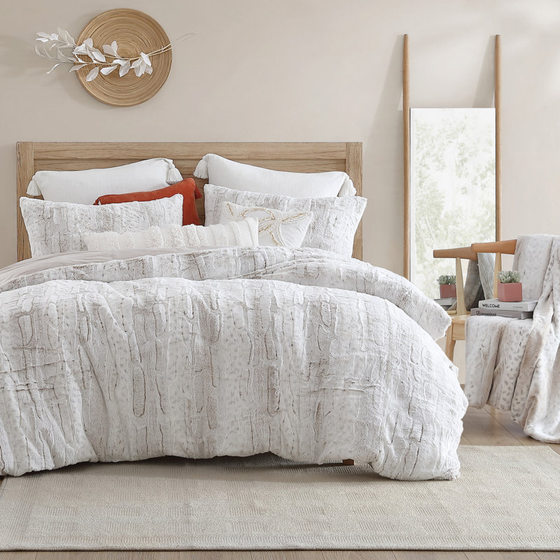 Ivory Snow Leopard Faux Fur King Comforter Set