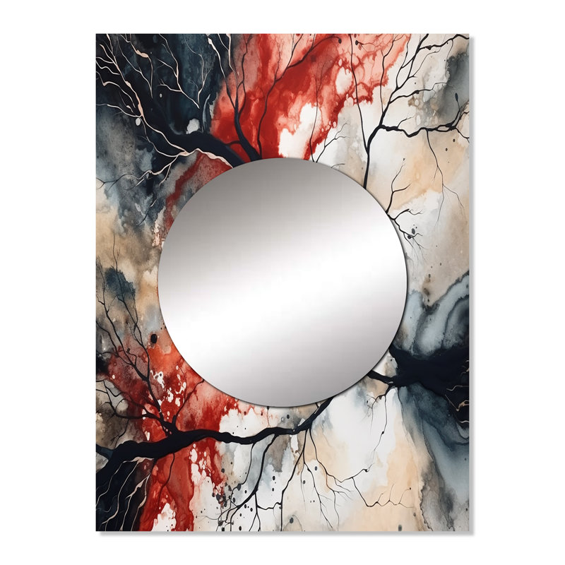Giora Red Black Captivating Liquid Ink - Geometric Large Wall Mirror, Red Unique Mirror, Printed Metal Art, 32" x 24"