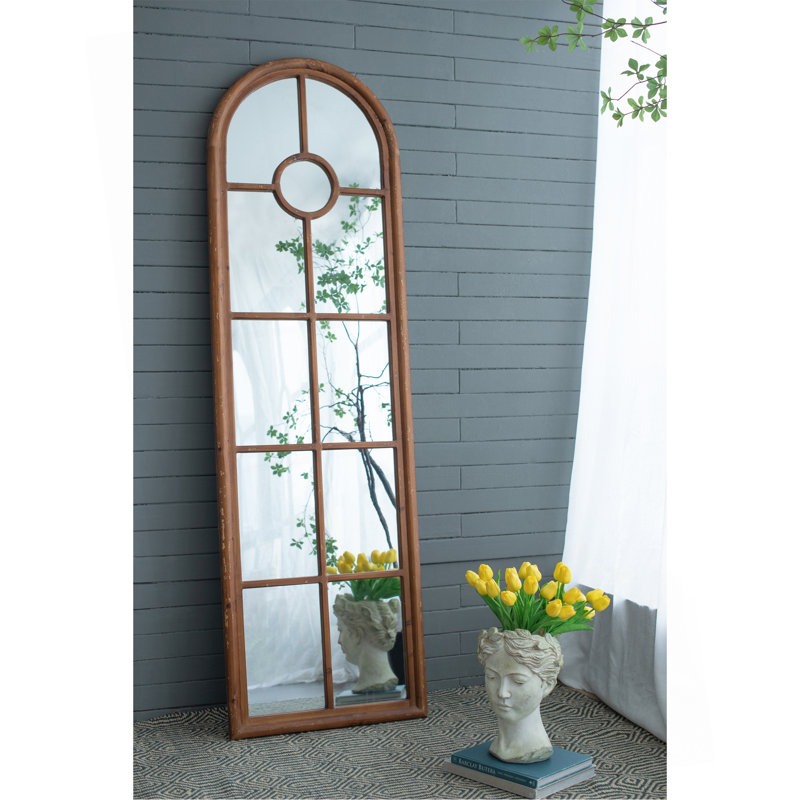 24X79" Half-Round Elongated Mirror With Decorative Window Look Classic Architecture Style Solid Fir Wood Interior Decor