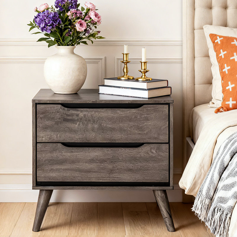 Modern Solid Wood Nightstand With 2 Drawers，Fully Assembled, Gray