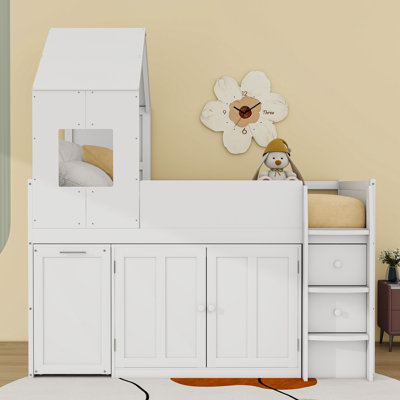 Lit mezzanine simple en bois avec toit et bureau