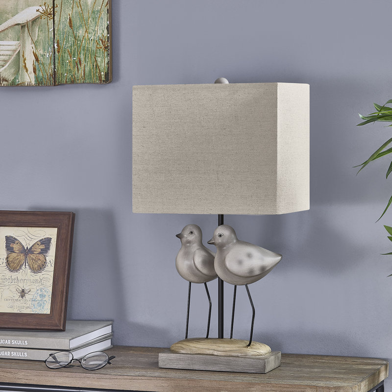 20" White Resin Birds Table Lamp With Shade, Grey/Black