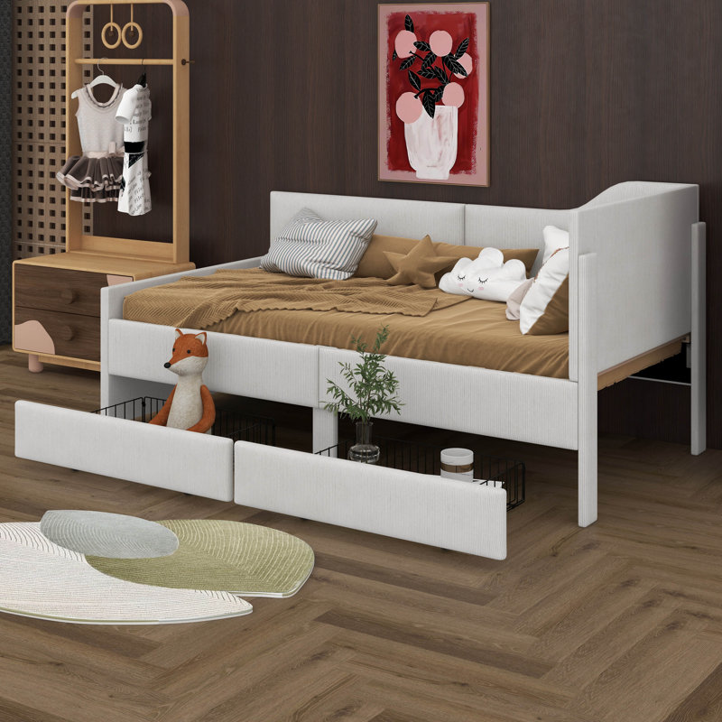 Twin Size L Shaped Daybed With 2 Storage Drawers, Corduroy Upholstered Daybed, Wooden Bed Frame, Corduroy Sofa Bed, Beige
