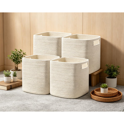4 Pack 13x13 Cube Storage Bins with Handles, Cotton Rope Baskets for Shelves, Storage Organizer for Toys, Books, Clothes, Home, Office, Nursery, Beige