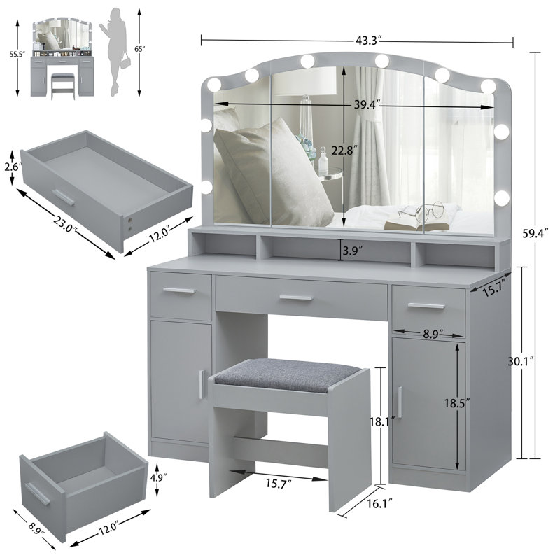 Ensemble coiffeuse et tabouret Areena, gris