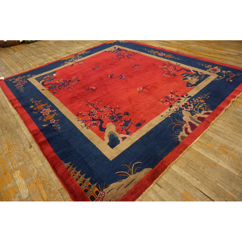 Antique Wool Blue Red / Rust Hand Knotted Pile Rug