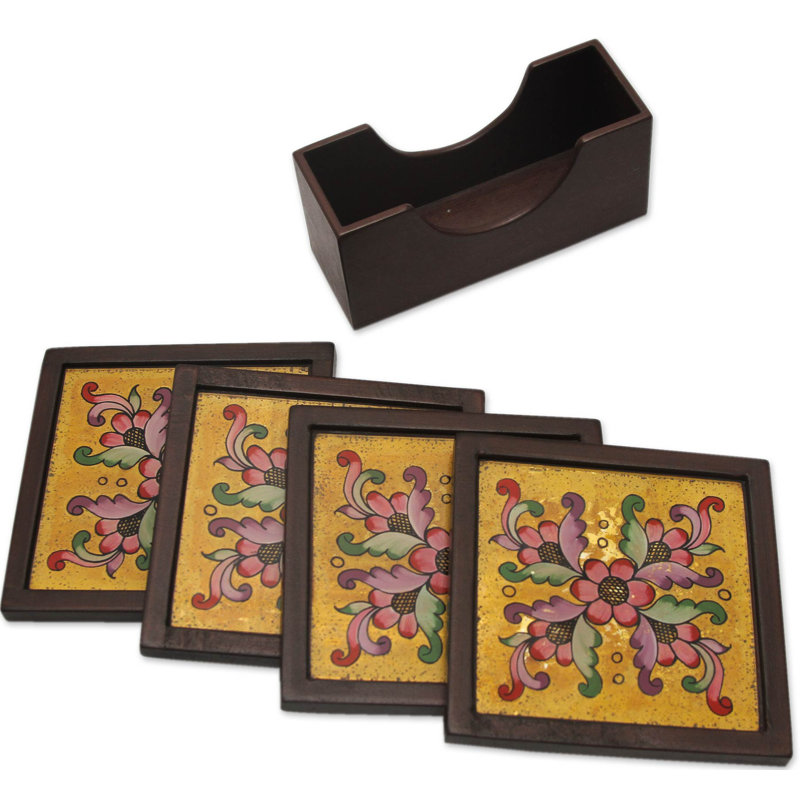 Ensemble de 5 sous-verres peintes avec support blushing fleuris
