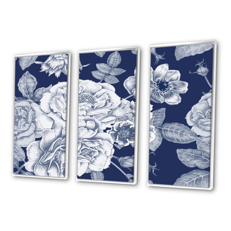 «White Vintage Flowers On Classic Blue I», ensemble de 3 toiles encadrées, H 28 po x l 36 po, Cadre blanc