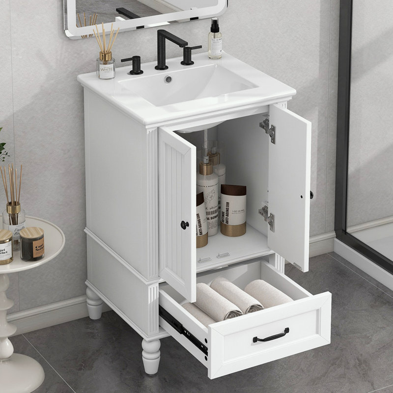 Meuble-lavabo de salle de bain avec lavabo et deux portes, Blanc