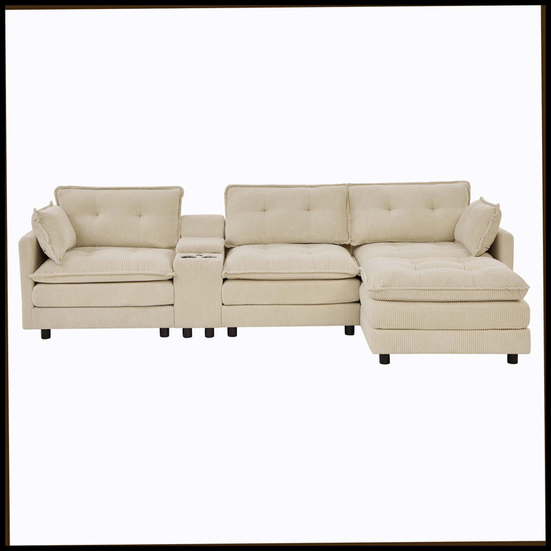 Canapé modulaire surdimensionné en L 119 po en forme de L avec 1 repose-pieds et 1 console multifonctionnelle, canapé rembourré 4 places avec port USB et 2 porte-gobelets, facile à assembler, pour le salon, beige