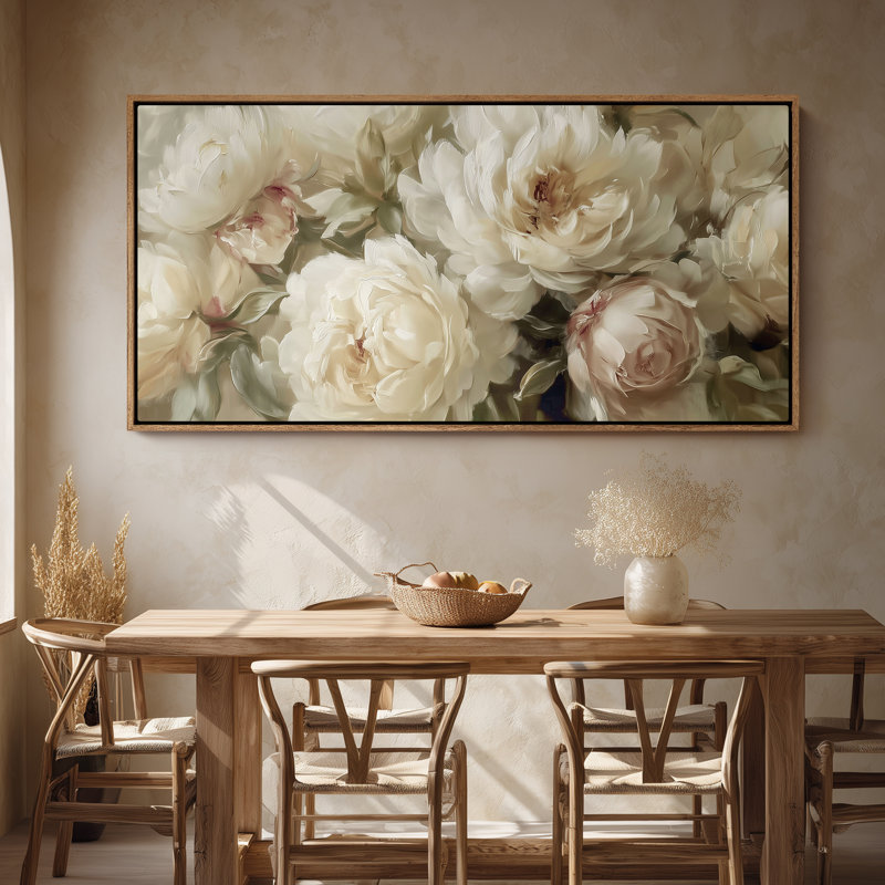 Framed Canvas Wall Art - Elegant Ivory Peony Floral Arrangement with Soft Neutral Tones - 16"x24", 24"x36", Natural