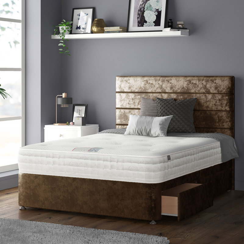 Kiara Stripped Floor Standing Headboard With Divan Base 4 Drawers Crush Velvet Cream With And Metal Feet (Double), Truffle