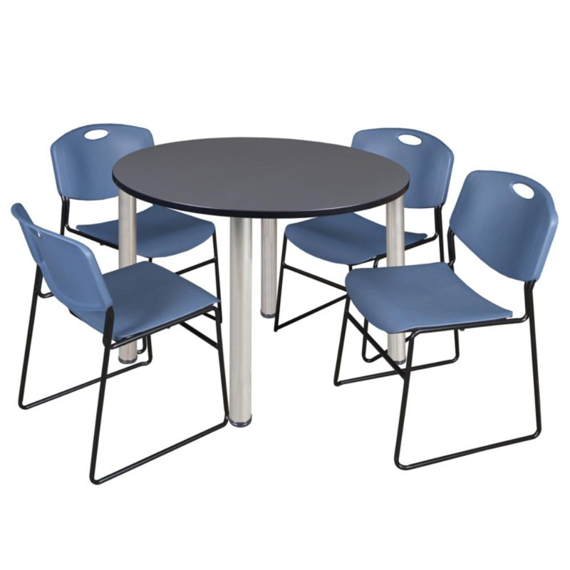 Plateau de table Kee, 4 chaises empilables Zeng, Gray/Chrome, 29" H x 48" W x 48" D, Bleu