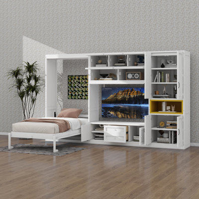 Twin Size Wooden Murphy Bed With TV Stand, Two Drawers, Shelves, And Built-In Cabinets