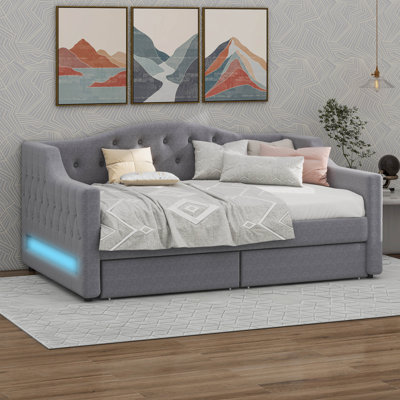 Upholstered Twin XL Daybed With Storage Drawers, Adjustable LED