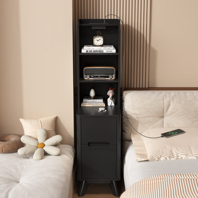 47" Tall Nightstand Ｗith Charging Station, Narrow Side Table With Bookshelf, Modern End Bedside Table  Bedroom,Black