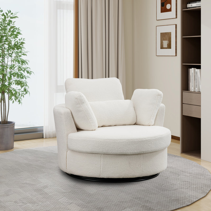 50" W Dahlonega Slipcovered Swivel Barrel Chair, Ivory Polyester, 34.6'' H x 50'' W x 47'' D