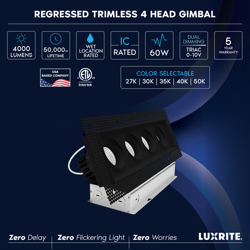 LUXRITE 4-Head Rectangle Black Regressed Trimless Gimbal LED Recessed Light, 360° + 15° Swivel, 5CCT, 60W, 4000LM, 60°, Dual Dimmable, IC & Wet 4 Pack