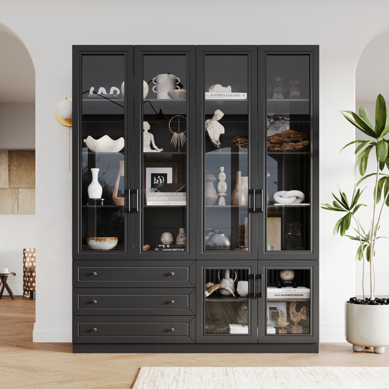 Vitrine avec porte en verre trempé et lumières réglables, Noir