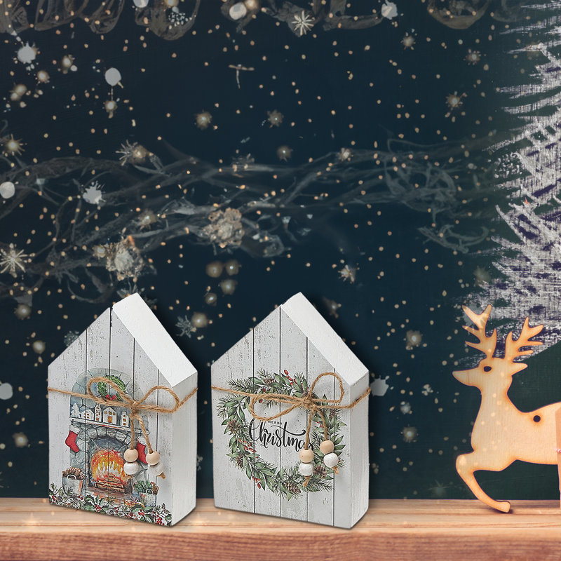 Festive White Wooden House Figurines with Ribbon Set