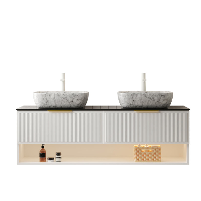 Meuble-lavabo 60 po avec lavabo, armoire de rangement en contreplaqué flottant, 2 tiroirs et tablette à fines rayures, capteur de lumière, 2 vasques en céramique à motif marbré et plateau en pierre frittée noire, pré-assemblé