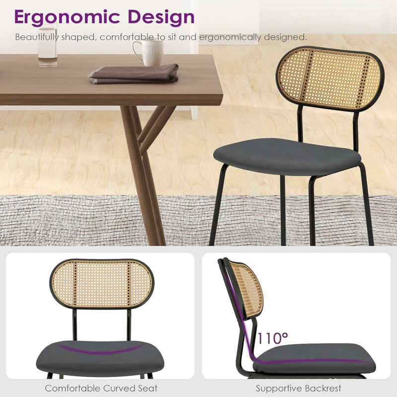 Black Faux Leather and Rattan Dining Chairs Set of 4