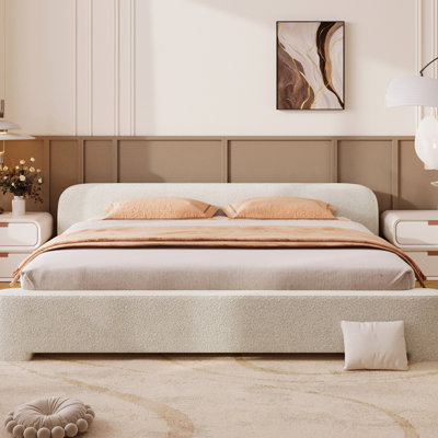 Très grand lit tapissier blanc Boucle, convenant à différentes tailles de chambre à coucher, structure de support robuste en bois de bouleau, stabilité à 10 lattes