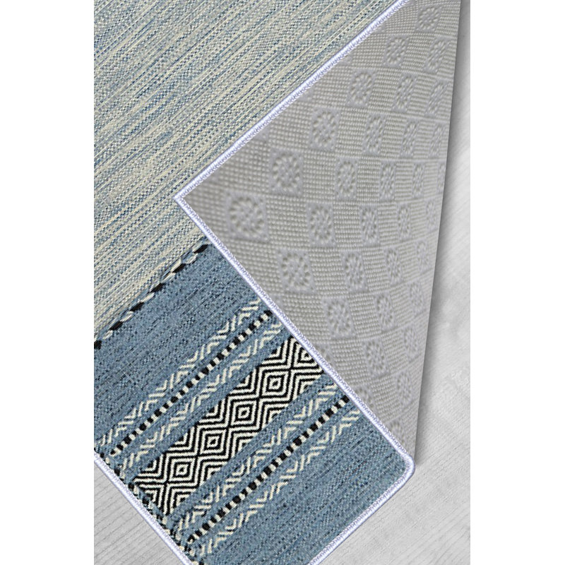 Tapis rayé en polyester tissé à la machine en bleu / gris, Rectangle 5 pi 3 po x 7 pi 7 po