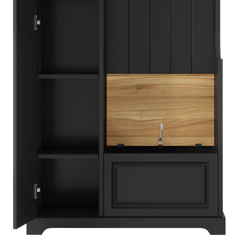 Meuble d'entrée avec banc rabattable, meuble à chaussures minimaliste avec étagères réglables et crochets de suspension, pour entrée ou vestiaire, noir