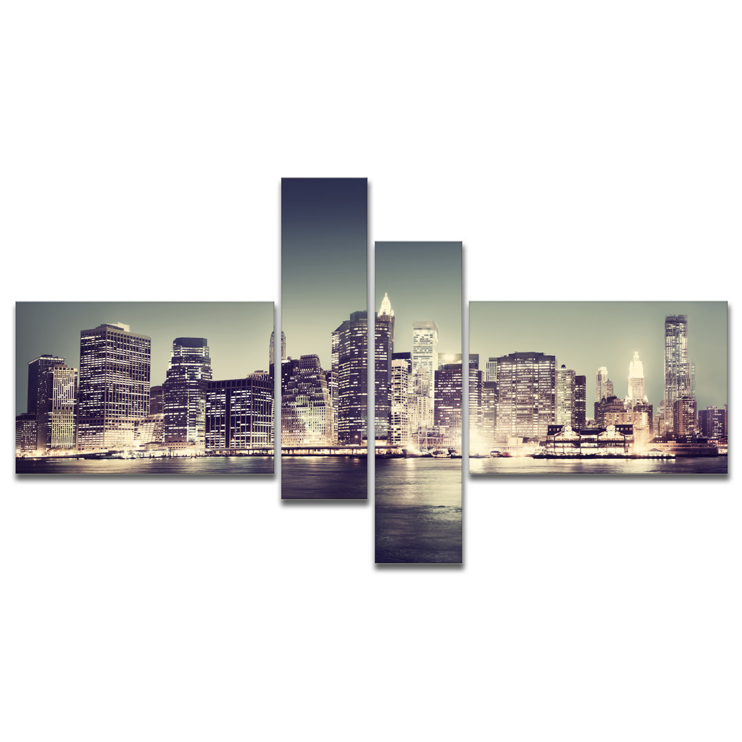 " Black And White NYC Night Panorama " 4 - Pieces East Urban Home