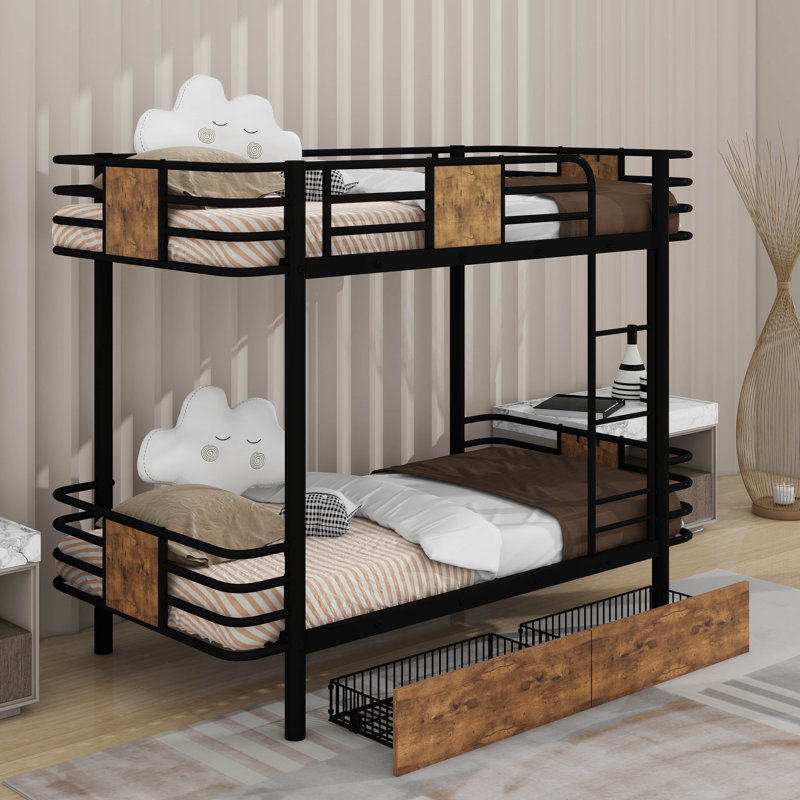 Twin XL Over Twin XL Metal Bunk Bed With Drawers, Black