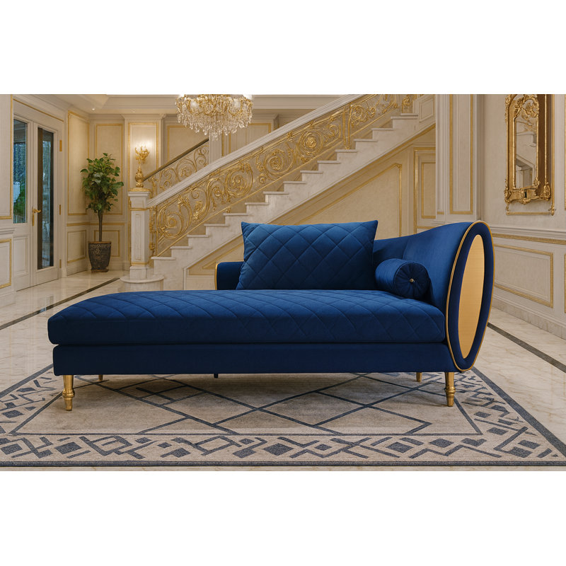 Ramone Velvet Chaise Lounge, Blue, Right Hand Facing
