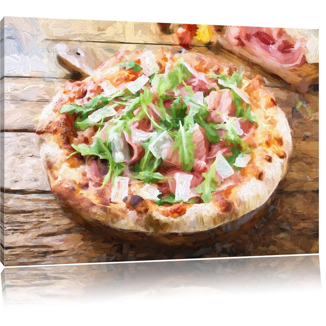 Leinwandbild "Prosciutto Pizza auf rustikalem Holztisch", Grafikdruck