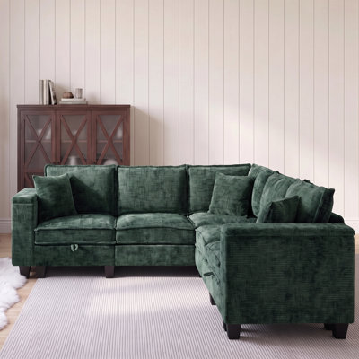 89" Green Chenille 5‑Seater V‑Shaped & L‑Shaped Sectional Couch with Storage Armrests and 3 Pillows, Sectional Couches for Living Room, Suitable for Apartment