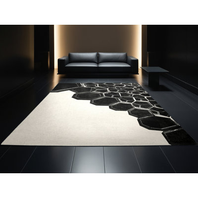 Soft Plush Rubio Alien Hive Structure Modern Geometric Area Rug in Black – Black Binding
