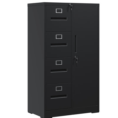 Black Metal Storage Cabinet, 4 Drawers, Interlocking System, , Easy Assembly For Steel Cabinet With 1 Door, And Side Wardrobe, Construction, Ideal Bedroom