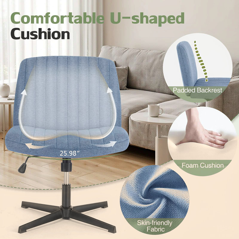 Fauteuil de bureau pivotant sans accoudoirs, chaise de bureau large à pieds croisés avec hauteur réglable et mode berçant