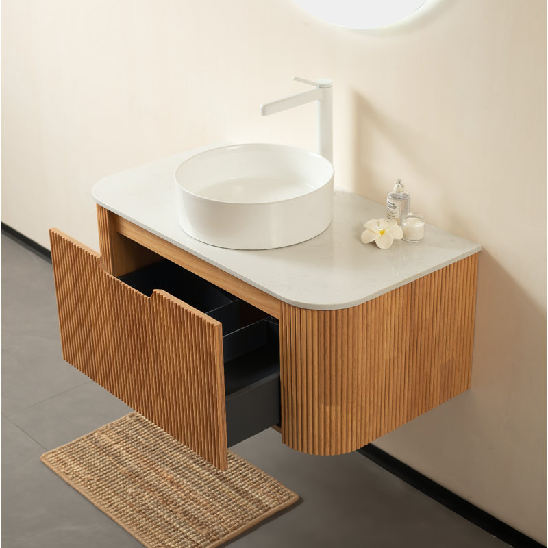 24" Modern Natural Wood Texture Floating Bathroom Vanity With Artificial Marble Basin