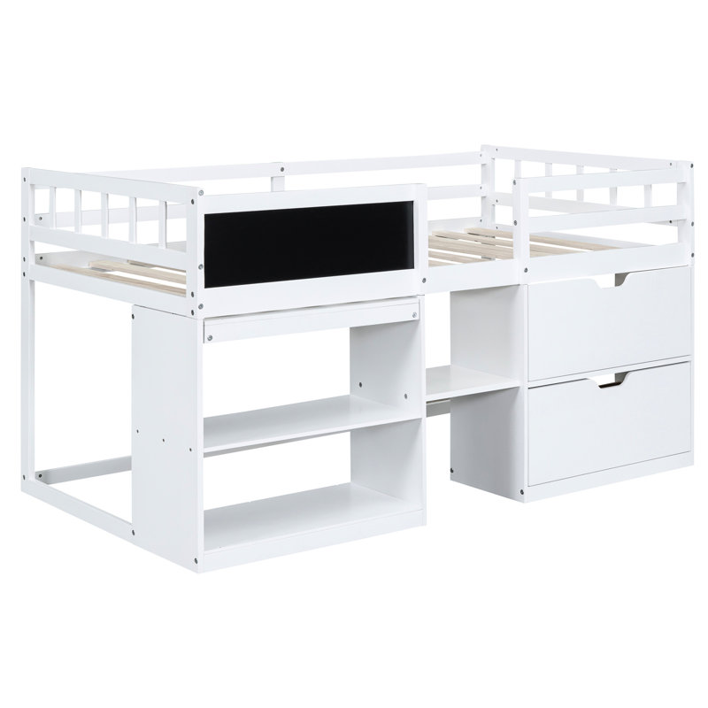 Lit mezzanine simple bas avec bureau à roulettes, tablette en blanc, Blanc