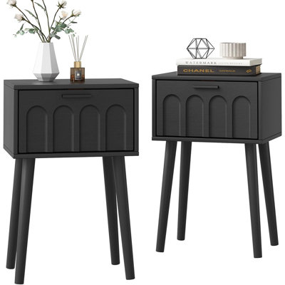 Ensemble de 2 tables de chevet, petite table de chevet avec porte arquée, table de bout de style Mid-Century avec pieds en bois pour la chambre à coucher, petit espace (noir)