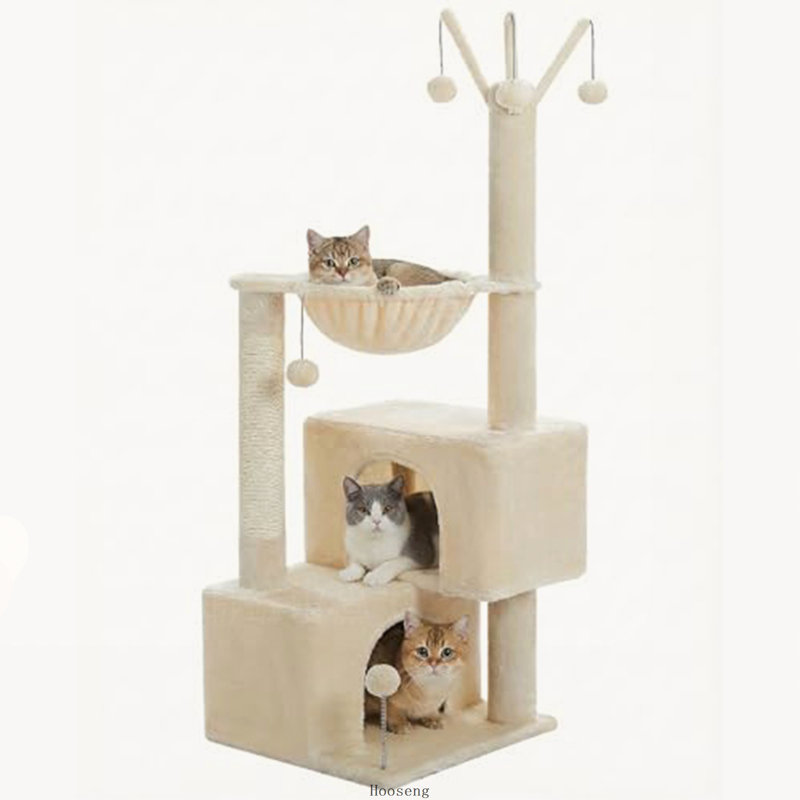 Arbre à chat 45 po pour chats d'intérieur, tour pour chat compacte avec 2 condos, lit hamac et 5 jouets à boules suspendues, mobilier de chat robuste et peu encombrant pour chatons et petits chats de taille moyenne