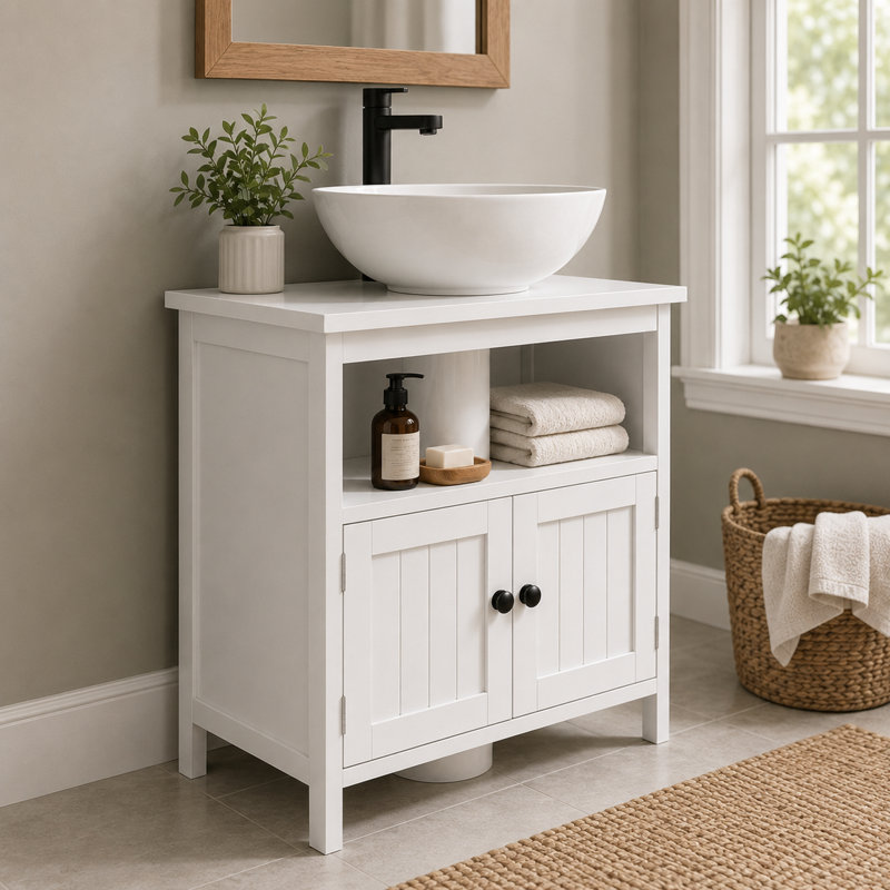 Lavabo sur pied de style moderne avec meuble de rangement intégré (lavabo non incluse), unité de rangement spécifique à la salle de bain.